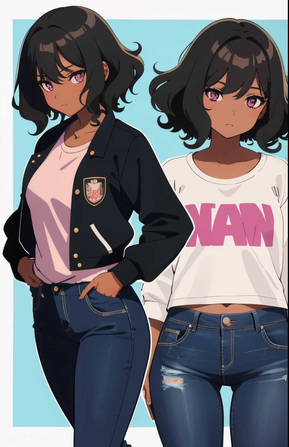 1 girl, brown skin, (masterpiece), (Appearance 17 years old), curly hair, Small breasts, Black hair, short hair, pink eyes, Black jacket, white shirt, jeans, anime girl, latina,