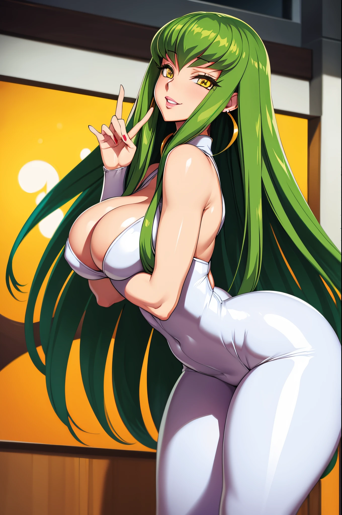 High resolution, highly detailed face, Code Geass, C.C, 1girl, (((bimbo))), long green hair, yellow eyes, ear rings, puffy lips, painted lips, thick lips, wide hips, thick thighs, small round breast, huge ass, revealing cleavage, erotic, Smile face, bubble butt, camel toe, Breasts, White suit, hand signs, ass posing,