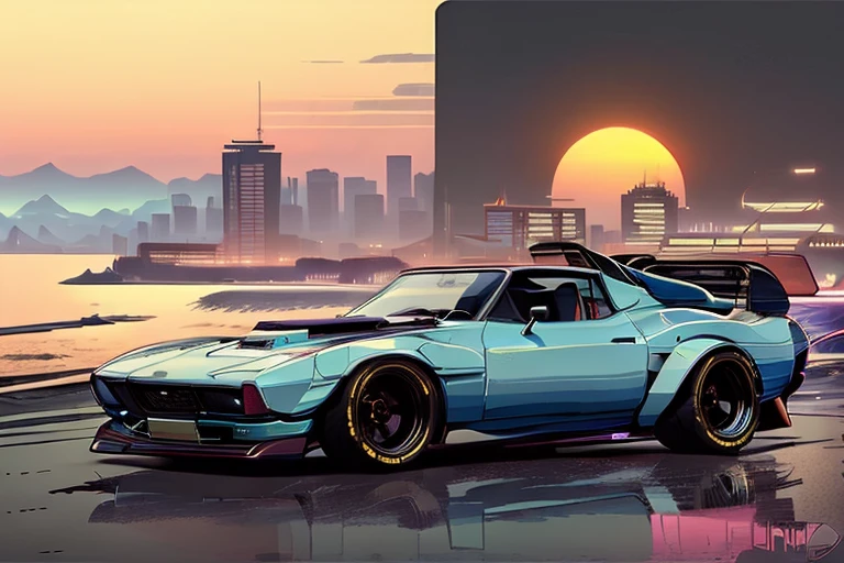 (nvinkpunk:1.2) (SNTHWVE style:0.8) Corvette, lightwave, Sunset, Intricate, Highly detailed