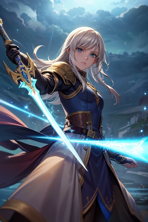 high detailed longsword, magical artifact, sword, fantasy, d&d, storm, thunder, lightning, final fantasy tactics, jrpg, demacia, vox machina style