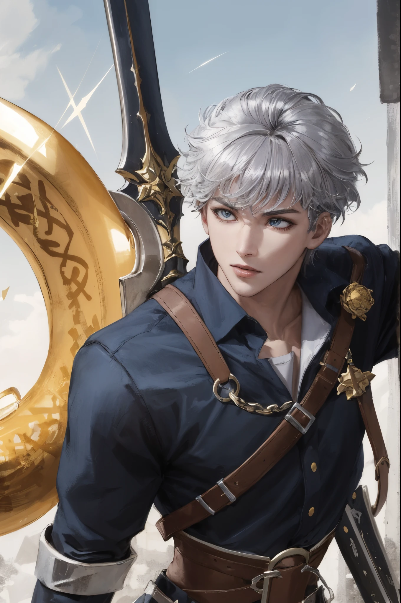 Crie um personagem de anime com cabelo preto e comprido, olho azul, black tunic with silver details, com uma espada Berserk prata com Runas azul, in the background golden rune symbol