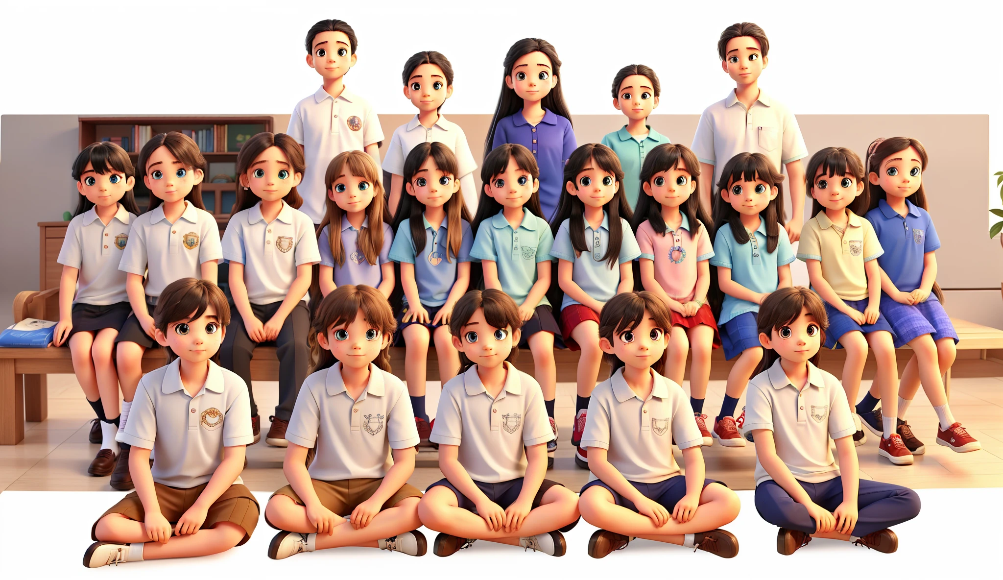 Improve the eyes of the fifth child in the middle row. Increase the length of the hair of the sixth child in the middle row, leaving them with long hair. Remaining keep as is.