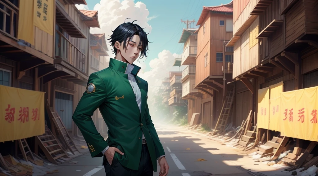 Boy black hair and black green eye in anime style he have jujutsu Kaisen school outfit and he fight Sukuna