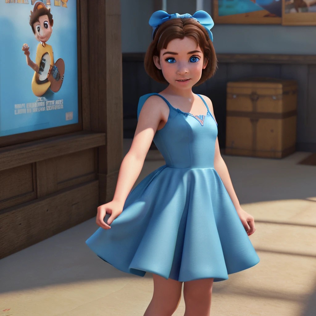 A little girl with brown hair blue eyes in a blue dress 3D Disney Pixar movie poster
