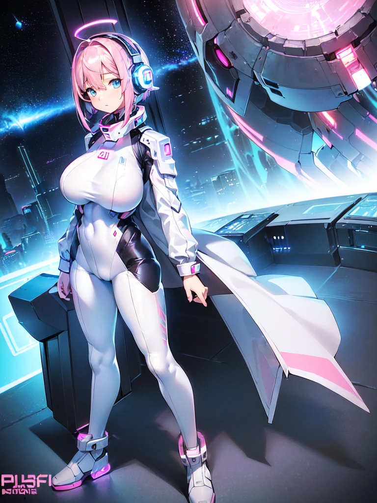 masterpiece:1.4, 1girl in ((20yr old, Wearing a futuristic white and silver costume, Tight Fit Bodysuit, long boots, Very gigantic-breasts, (Colorful pink hair):1.3, a short bob, Perfect model body, Blue eyes:1.2, Wearing headphones, Looking out the window of the futuristic sci-fi space station、While admiring the beautiful galaxy:1.2, SFSF control room on night background:1.1, Neon and energetic atmosphere:1.2)) ((Galaxy))