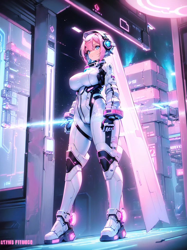 ​masterpiece:1.4, 1girl in ((20yr old, Wearing a futuristic white and silver costume, Tight Fit Bodysuit, long boots, Very gigantic-breasts, (Colorful pink hair):1.3, a short bob, Perfect model body, Blue eyes:1.2, Wearing headphones, Looking out the window of the futuristic sci-fi space station、While admiring the beautiful galaxy:1.2, SFSF control room on night background:1.1, Neon and energetic atmosphere:1.2)) ((Galaxy))