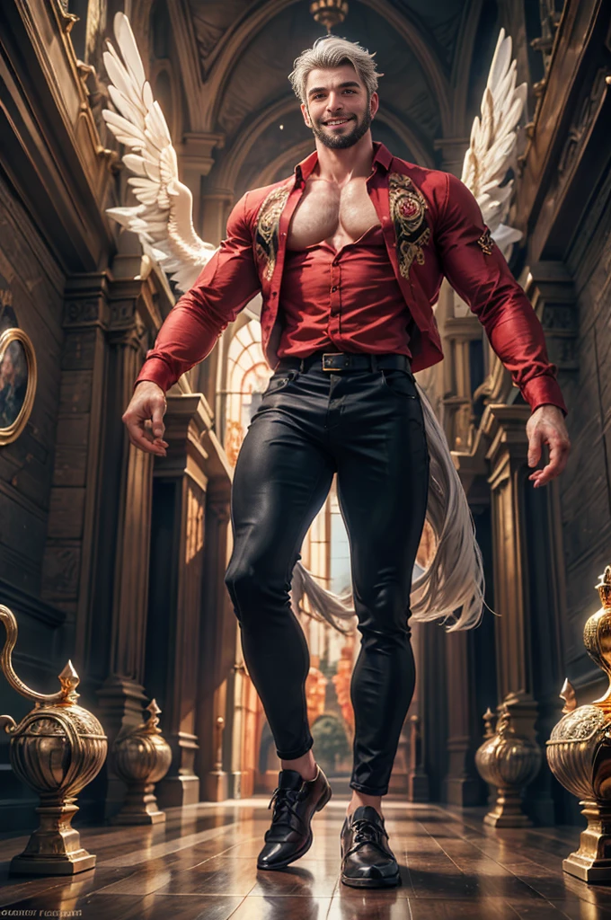 a man ((18 years old)) with long white hair, blue eyes, beard, smiling, strong chest, manly and sexy body, ((full body)), wearing red shirt and black pants, Victorian style, in the background crystal and gold castle with giant birds, Daeni Pin Style, [Daniel F. Gerhartz Style::0.5], UHD image, Rent, 8k, photo-realistic, Epic lighting, Sharp,  Realistic, Romantic, Focus,