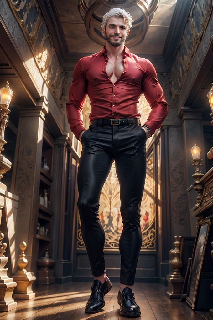 a man ((18 years old)) with long white hair, blue eyes, beard, smiling, strong chest, manly and sexy body, ((full body)), wearing red shirt and black pants, Victorian style, in the background crystal and gold castle with giant birds, Daeni Pin Style, [Daniel F. Gerhartz Style::0.5], UHD image, Rent, 8k, photo-realistic, Epic lighting, Sharp,  Realistic, Romantic, Focus,