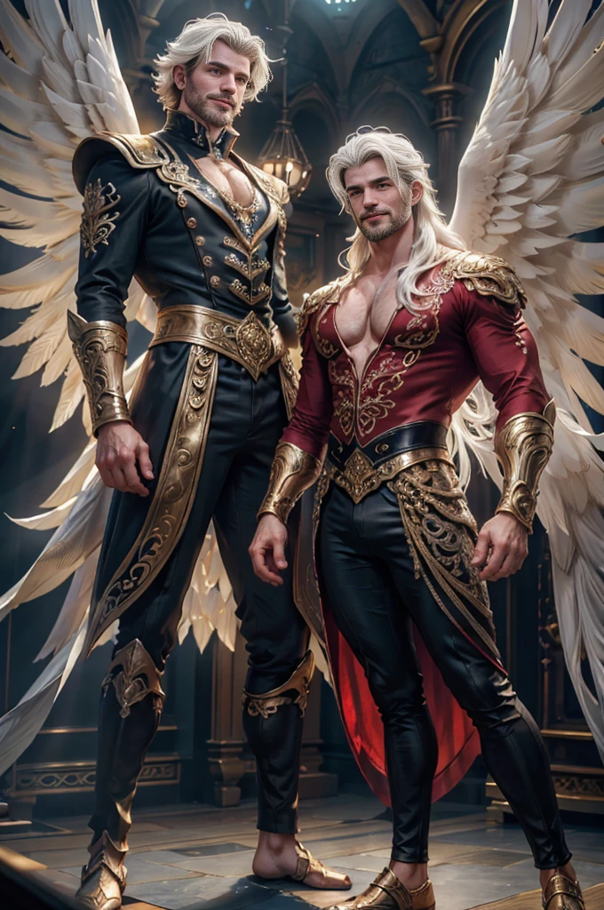 a man ((18 years old)) with long white hair, blue eyes, beard, smiling, strong chest, manly and sexy body, ((full body)), wearing red shirt and black pants, Victorian style, in the background crystal and gold castle with giant birds, Daeni Pin Style, [Daniel F. Gerhartz Style::0.5], UHD image, Rent, 8k, photo-realistic, Epic lighting, Sharp,  Realistic, Romantic, Focus,