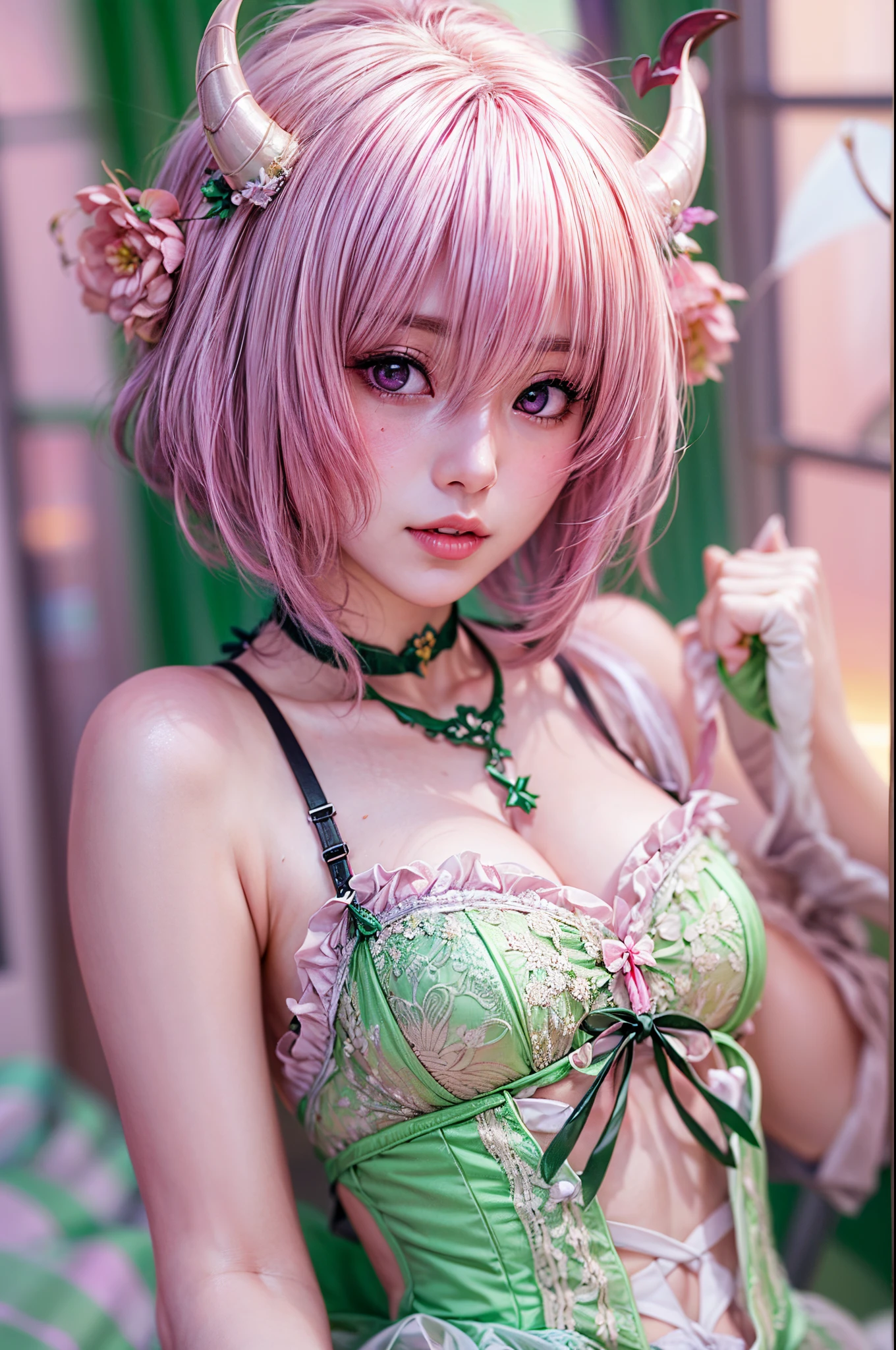 (8K, top-quality, masterpiece:1,2), (reallistic, Photorealsitic:1.37), Super Detail, One girl,), (Highly detailed), (beautifully detailed eyes), (of the highest quality), (super detailed ), (masterpiece), (Detailed face),20yr old, ,1 girl, ((pink hair,Very short hair)), medium breasts, clothed, Perfect Lighting, BREAK (pink glossy bodysuit:1.4), (gold embroidery on chest and waist:1.3), (lace panel with emerald green and gold thread:1.3), black tights, black high heel boots, silver choker necklace, BRAKE bangs on left side, right ear tucked behind hair, earring on right ear, cool and sharp eyes, slightly upturned mouth, confident and challenging expression, right hand on waist, left hand crossed in front of chest, right leg forward, left leg backward, straight back, chest out, facing camera, dark hallway or warehouse, wires and pipes on wall, door or window behind subject, strong light on face and chest, rest in shadow, light color white or blue, high contrast between light and shadow