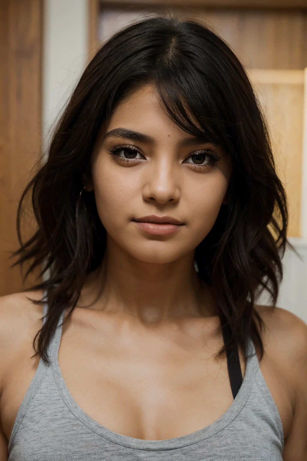 Mujer africana, chica morena, en un sujetador negro, con pelo corto