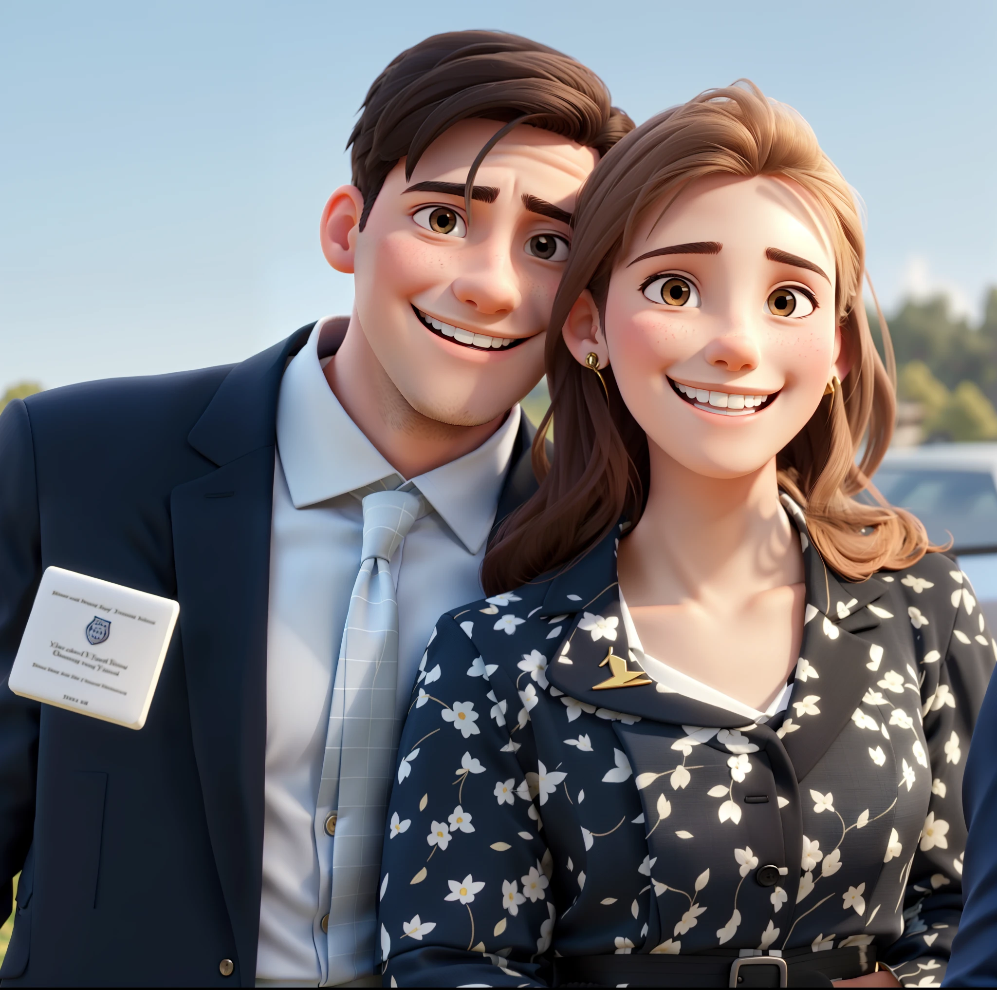 young couple in formal clothes, both smiling and happy. The man has a badge