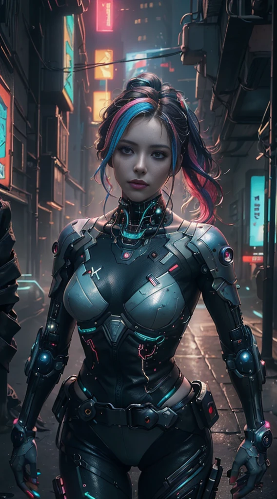 (Photorealistic:1.4) image of a cyber punk girl, (top-quality, 8K, 32K, masterpiece), (dynamic pose), ((facing camera)), (looking at camera), cowboy shot, shapeless hair, colorful hair, colorful cyberpunk clothing, depth of field f/1.8, cyberpunk city background, cinematic lighting.