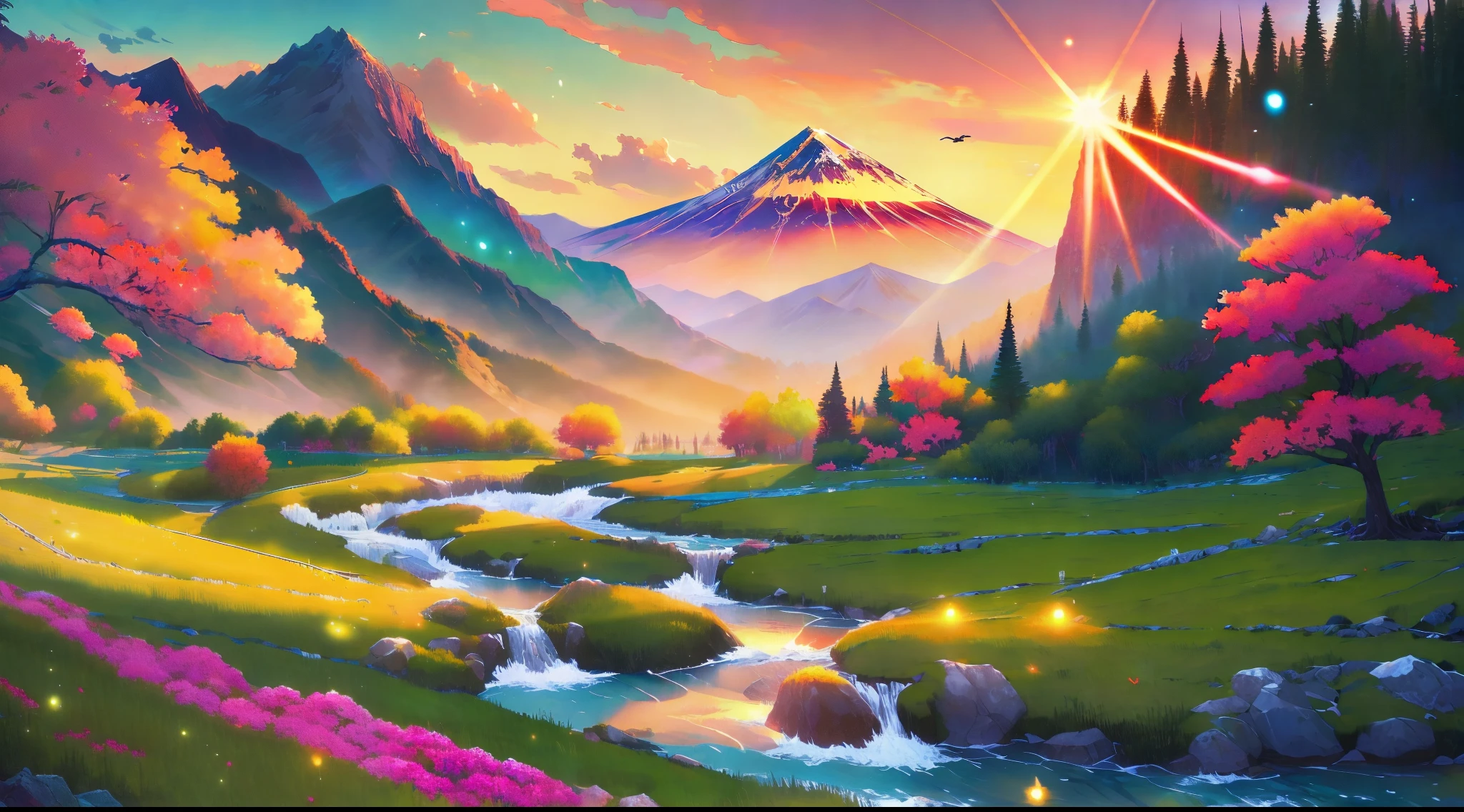 (best illumination, best shadow), scenic anime landscape, beautiful nature scenery, breathtaking view, majestic mountains, lush greenery, flowing streams and rivers, colorful flora and fauna, peaceful atmosphere, magical sunset.