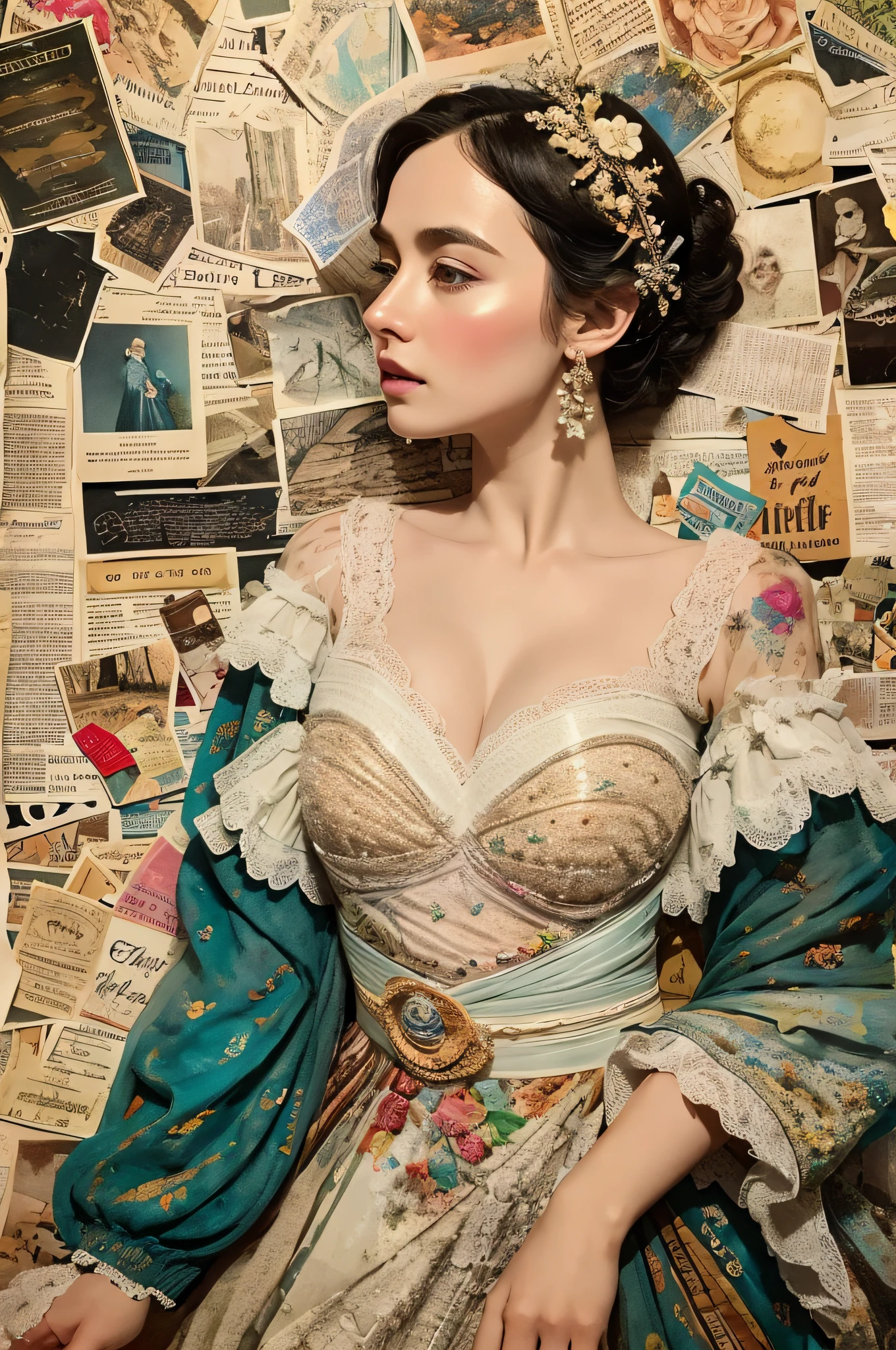 Super detailed alcohol ink painting of gorgeous girl, Made on top of a mixed-media masterpiece patchwork of stress-free vintage script paper, Ephemera, Torn cardboard, Vintage newspaper, Vintage sheet music, Wax Seal, Dress made of paper ruffles and life-size dainty lace, in the style of [Junk Journal, double exposure, Equal to the size of the body, Greg Simkins, Mark Davis, Oliver Jeffers, Andy Kehoe], Cinematic, Stunning, Highly detailed, 8K, dehazed