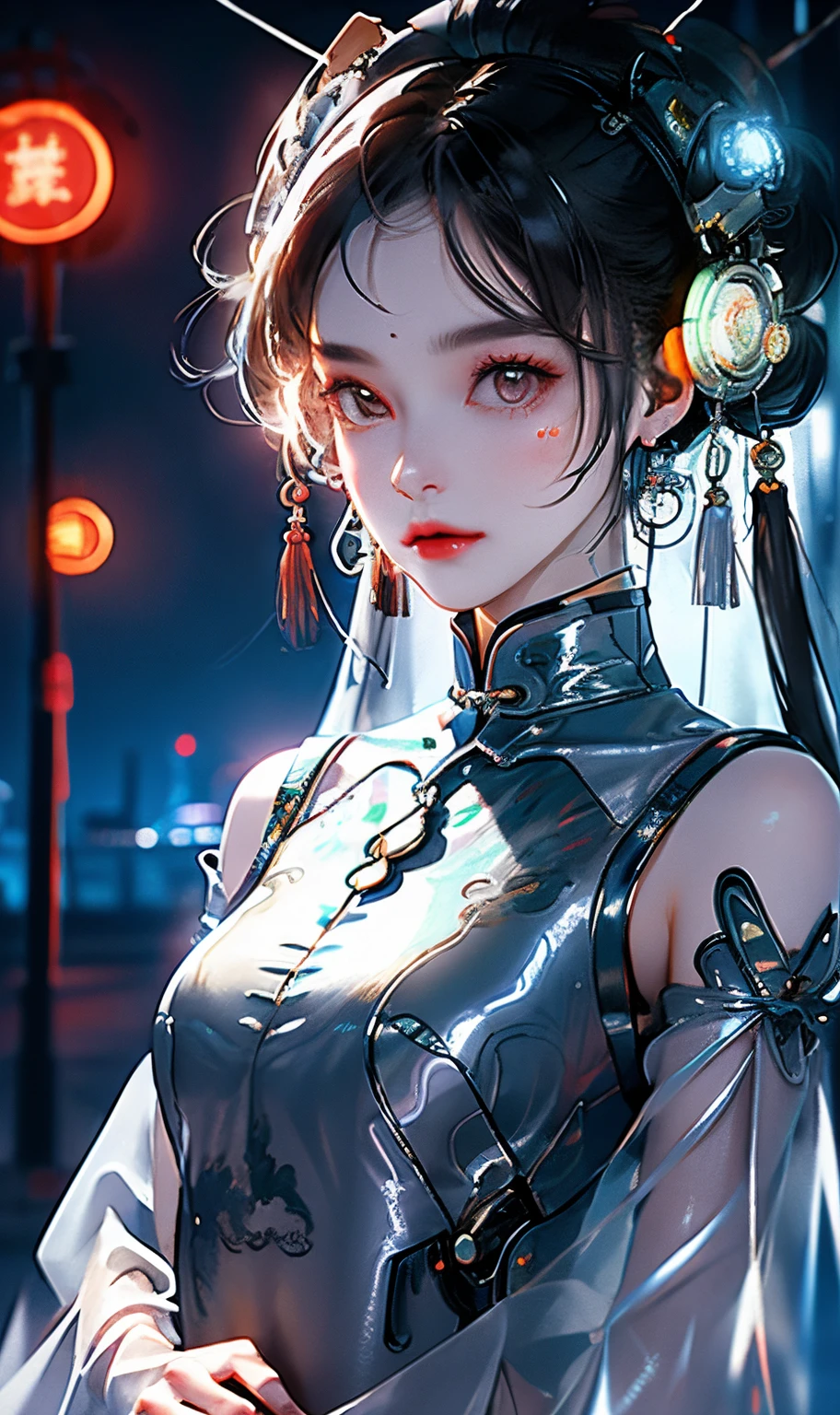 1 girl, Chinese_clothes, liquid silver and orange, cyberhan, cheongsam, cyberpunk city, dynamic pose, detailed luminous headphones, glowing hair accessories, long hair, glowing earrings, glowing necklace, cyberpunk, high-tech city, full of mechanical and futuristic elements, futuristic, technology, glowing neon, orange, orange light, transparent tulle, transparent streamers, laser, digital background urban sky, big moon, with vehicles, best quality, masterpiece, 8K, character edge light, Super high detail, high quality, the most beautiful woman in human beings, micro smile, face facing front and left and right symmetry, ear decoration, beautiful pupils, light effects, visual data, silver white hair, super detail facial texture