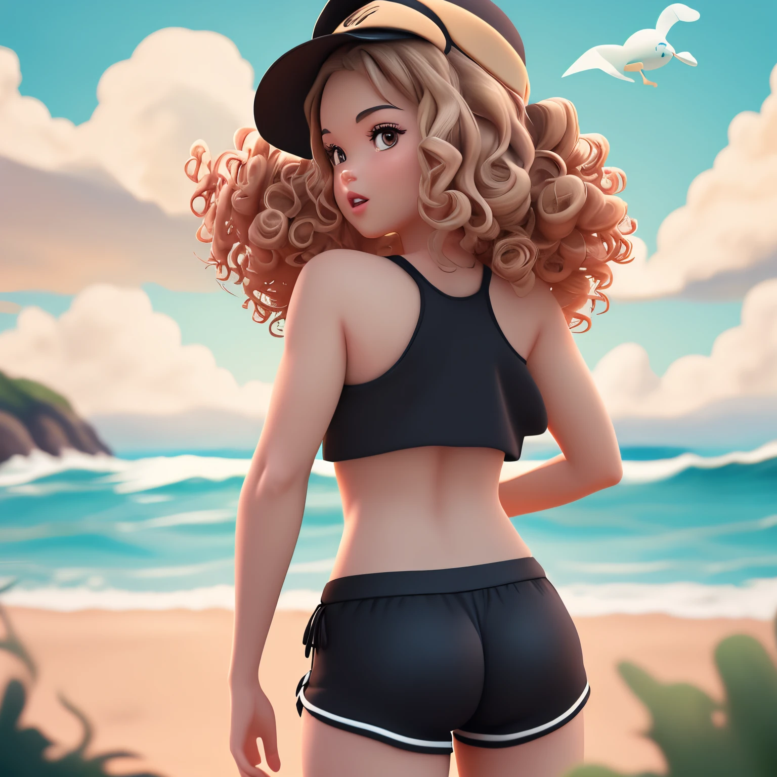 A Disney Pixar-inspired movie poster with title "(Sunday)".

(A woman with curly hair in a beige bikini and black cap, a man in a black Nike cap black shorts black and white shirt, with his back to the sea). The scene should be in the distinct digital art style of Pixar, with a focus on character expressions, vibrant colors, and detailed textures that are characteristic of their animations, with the title " Domindo de sol”