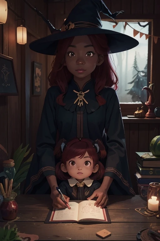 24 year old woman with dark skin Asian features wearing witch costume, He teaches witchcraft to a red-haired Asian girl, inside a cabin