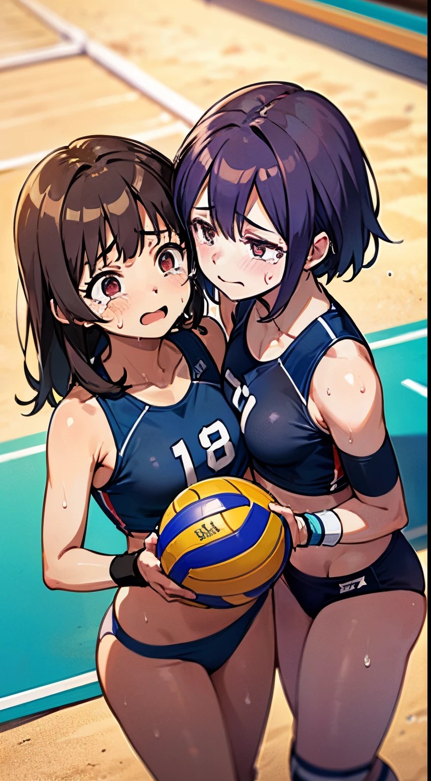 Unity 8k壁纸, Anatomically correct, (((masutepiece))), (((Best Quality))), (((ultra-detailliert))), (((hight resolution))), ((superfine illustration)), ((Ultimate cutie)), Detailed beautiful face, BREAK, ((2girls)), ((a couple)), cheek-to-cheek, ((Yuri)), 18 years old, (pot-bellied), (Curve), medium breasts, ((thick thighs)), Shiny hair, ((A look of regret)), (((Tears))), ((blush)), BREAK, (((sports bikinis))), swim wears, (beach volleyball uniform), ((wristbands)), ((Kneepads)), 2 female beach volleyball players, BREAK, ((Holds a beautiful spherical 6-inch volleyball )), stylish pose, ((Sweat)), (perspired), (Heavy breathing), Sense of depth, ((on the beach volleyball court)), Lighting, From  above, ((Look at viewers)), Looking down, Cowboy Shot, couple focus