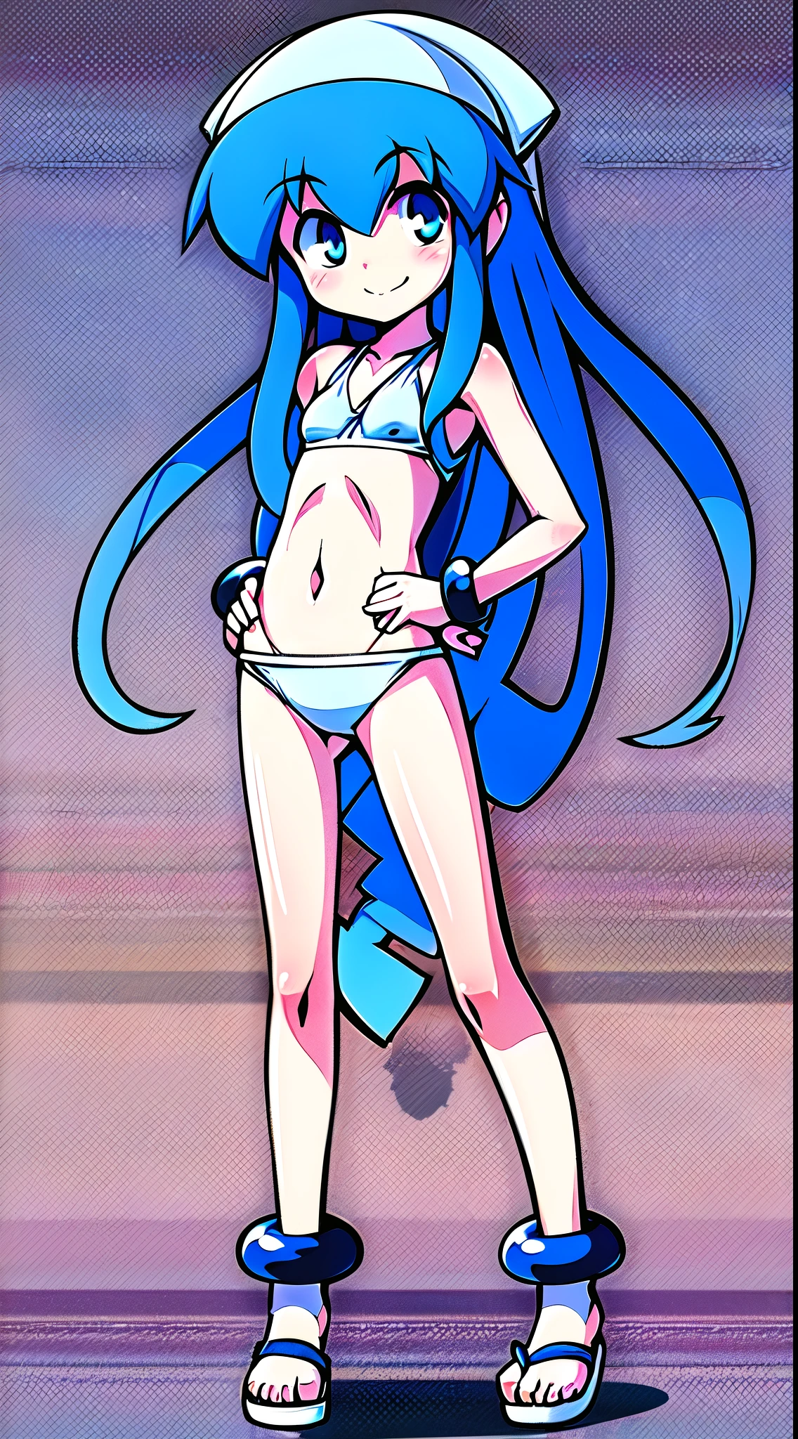 Ika musume, squid girl, young, pale skin, blue hair, tentacle hair, blue eyes, small breasts, detailed body, detailed face, detailed eyes, glistering body, shiny body, skinny, smilling, gorgeous body, masterpiece, high quality, anime style, blue bikini, flip flops, standing, full body, beach, clear sky,