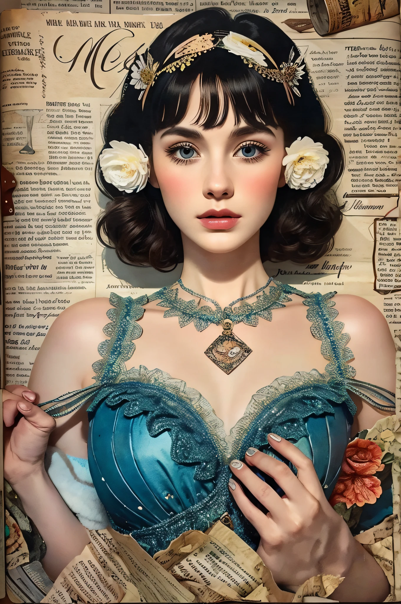Super detailed alcohol ink painting of gorgeous girl, Made on top of a mixed-media masterpiece patchwork of stress-free vintage script paper, Ephemera, Torn cardboard, Vintage newspaper, Vintage sheet music, Wax Seal, Dress made of paper ruffles and life-size dainty lace, in the style of [Junk Journal, double exposure, Equal to the size of the body, Greg Simkins, Mark Davis, Oliver Jeffers, Andy Kehoe], Cinematic, Stunning, Highly detailed, 8K, dehazed