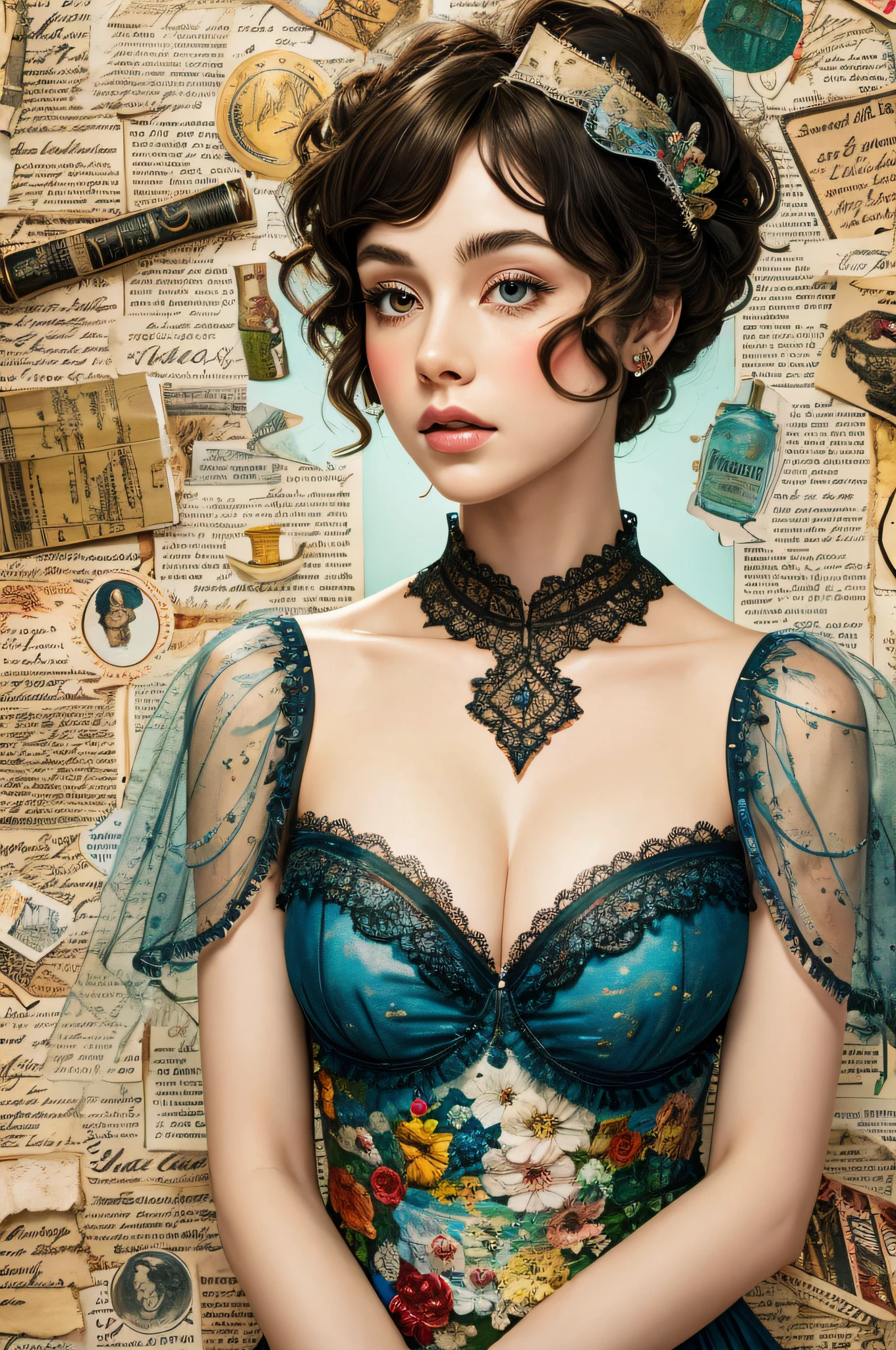 Super detailed alcohol ink painting of gorgeous girl, Made on top of a mixed-media masterpiece patchwork of stress-free vintage script paper, Ephemera, Torn cardboard, Vintage newspaper, Vintage sheet music, Wax Seal, Dress made of paper ruffles and life-size dainty lace, in the style of [Junk Journal, double exposure, Equal to the size of the body, Greg Simkins, Mark Davis, Oliver Jeffers, Andy Kehoe], Cinematic, Stunning, Highly detailed, 8K, dehazed