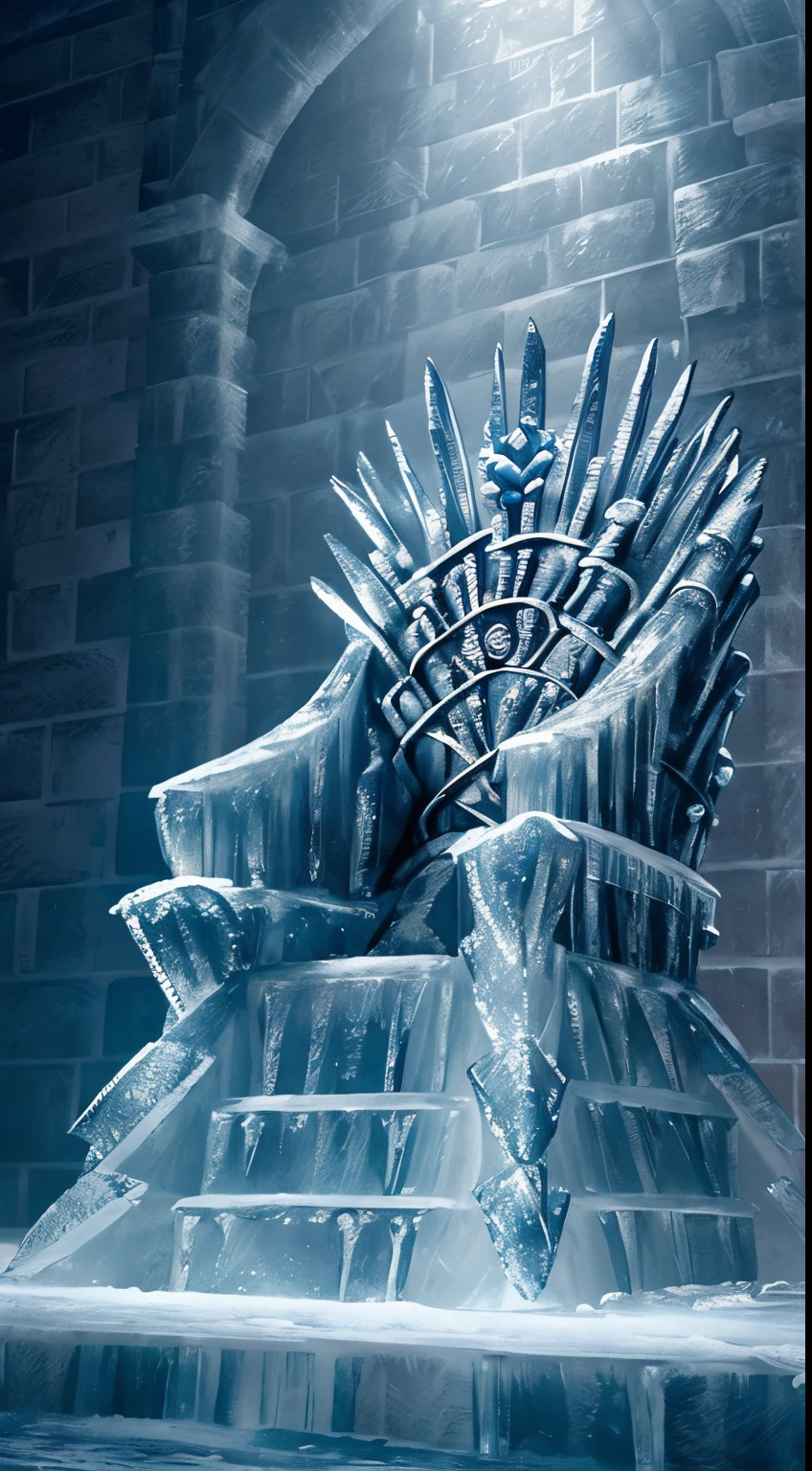 (Game of Thrones inspired throne:1.3), (ice construction:1.4), (intricate ice carvings:1.2), (frosty accents:1.2), (majestic design:1.3), (iron throne influence:1.1), (dramatic lighting:1.4), (cinematic shadows:1.3), (subtle blue hues:1.2), (ethereal glow:1.3)