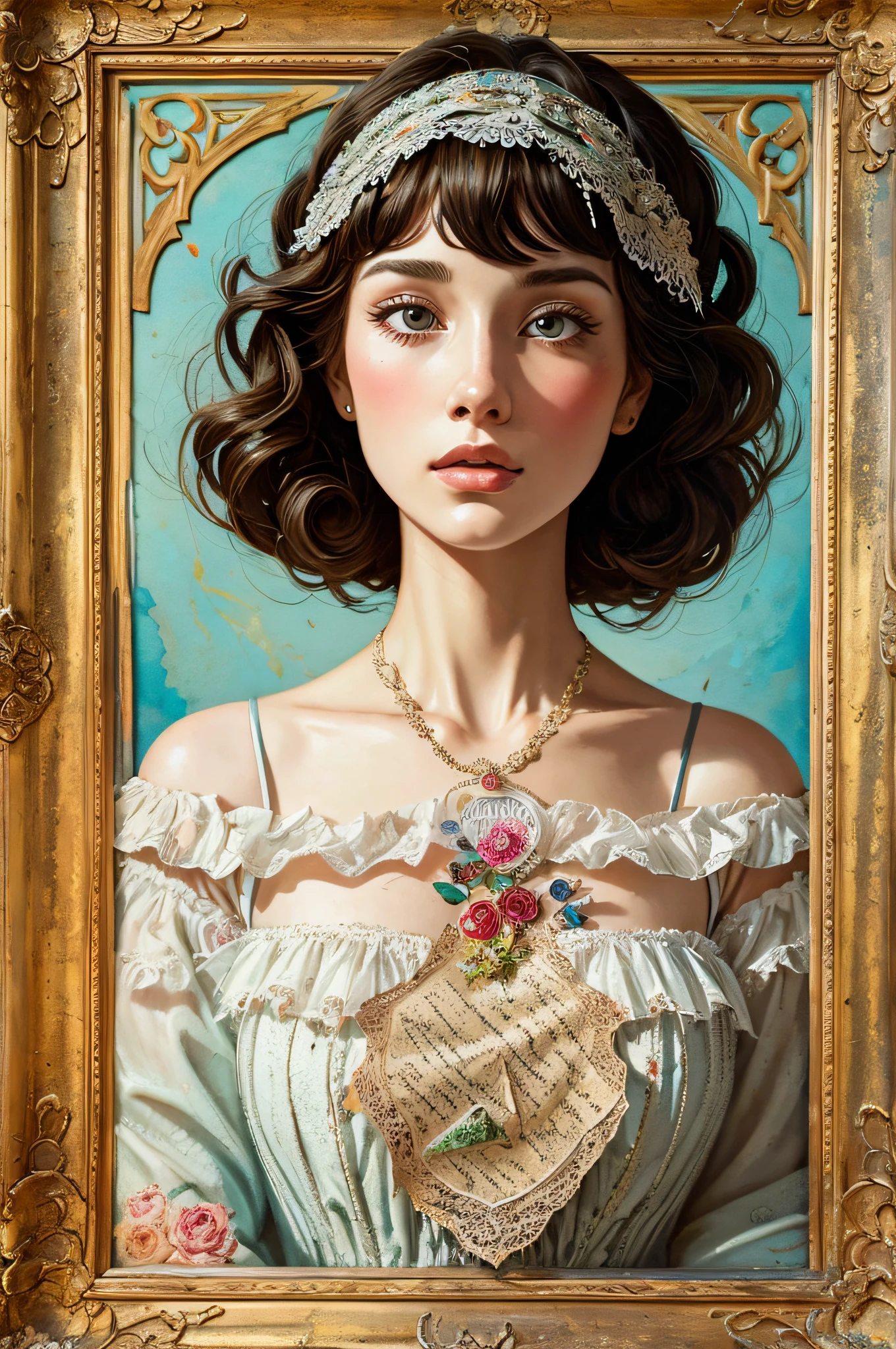 Super detailed alcohol ink painting of gorgeous girl, Made on top of a mixed-media masterpiece patchwork of stress-free vintage script paper, Ephemera, Torn cardboard, Vintage newspaper, Vintage sheet music, Wax Seal, Dress made of paper ruffles and life-size dainty lace, in the style of [Junk Journal, double exposure, Equal to the size of the body, Greg Simkins, Mark Davis, Oliver Jeffers, Andy Kehoe], Cinematic, Stunning, Highly detailed, 8K, dehazed