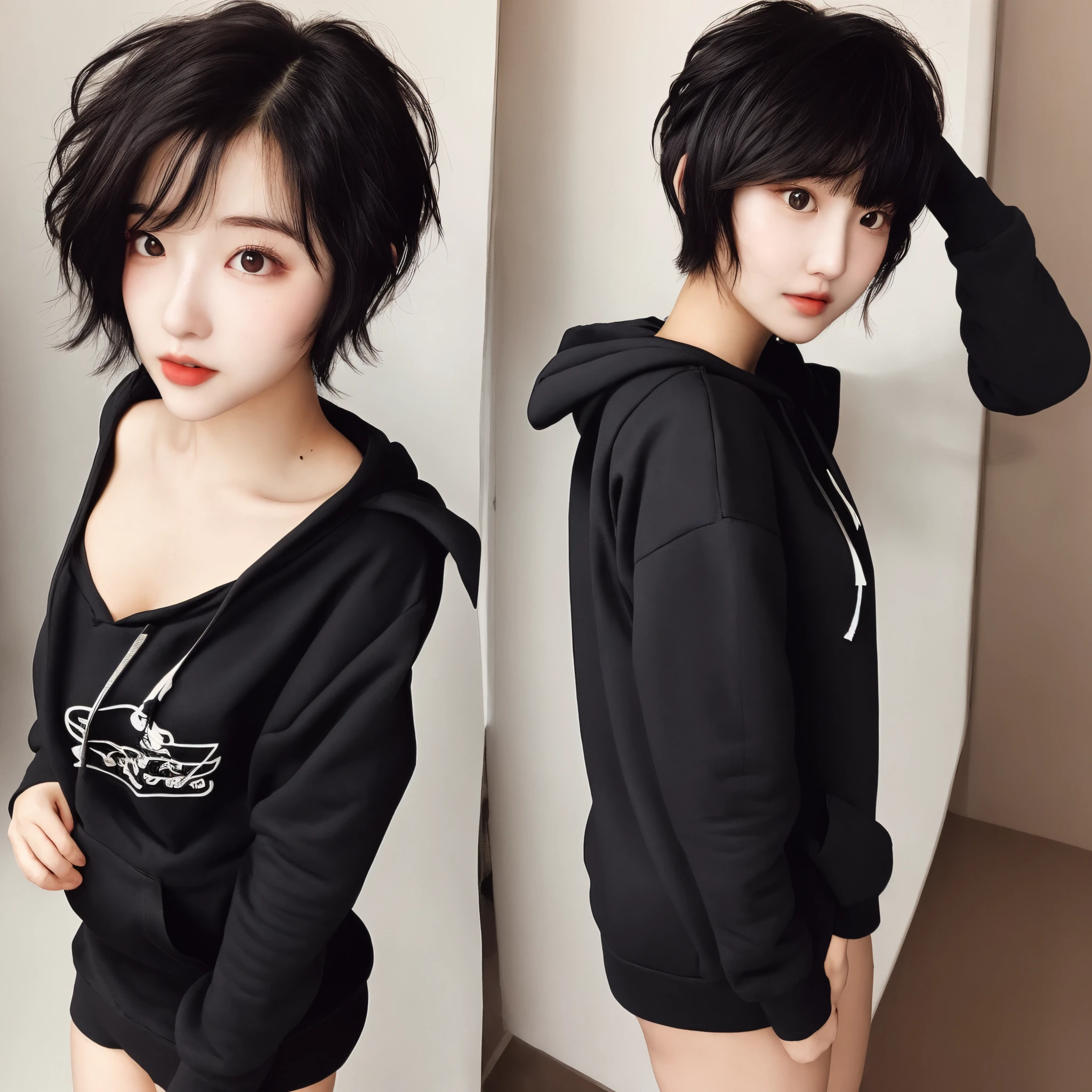 A girl with a short black curly pixie hair but behind her hair is a little bet long and she dress a hoodie black and she is so skinny and sexy she With light and dark skin at the same time, but it is very slightly darker than light skin and her eyes are brown