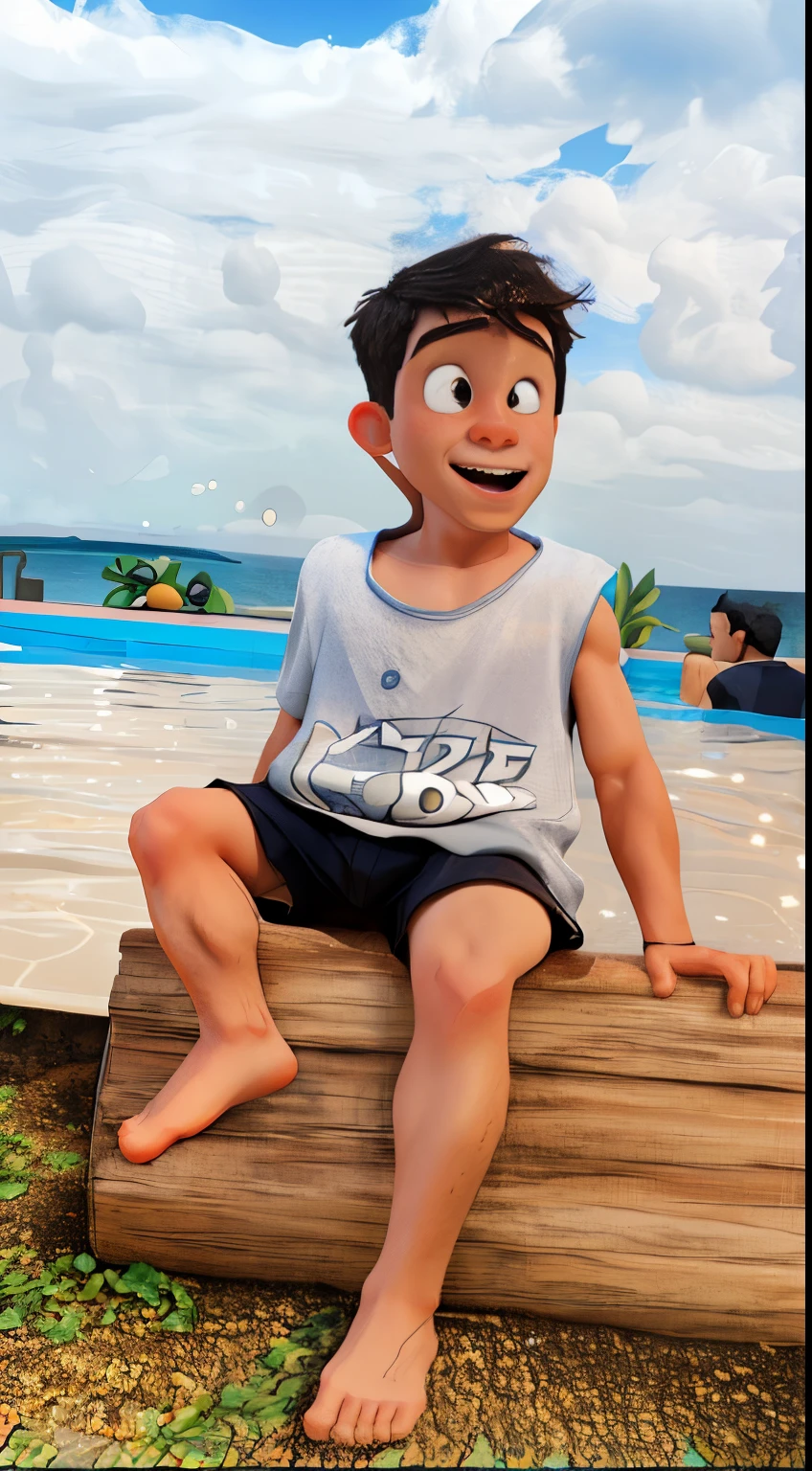 there is a boy who is sitting in a swimming pool, Jogar na piscina, sentado na piscina, olho grande, cabelo cacheados, ao lado de uma piscina tropical, playing with ball in water