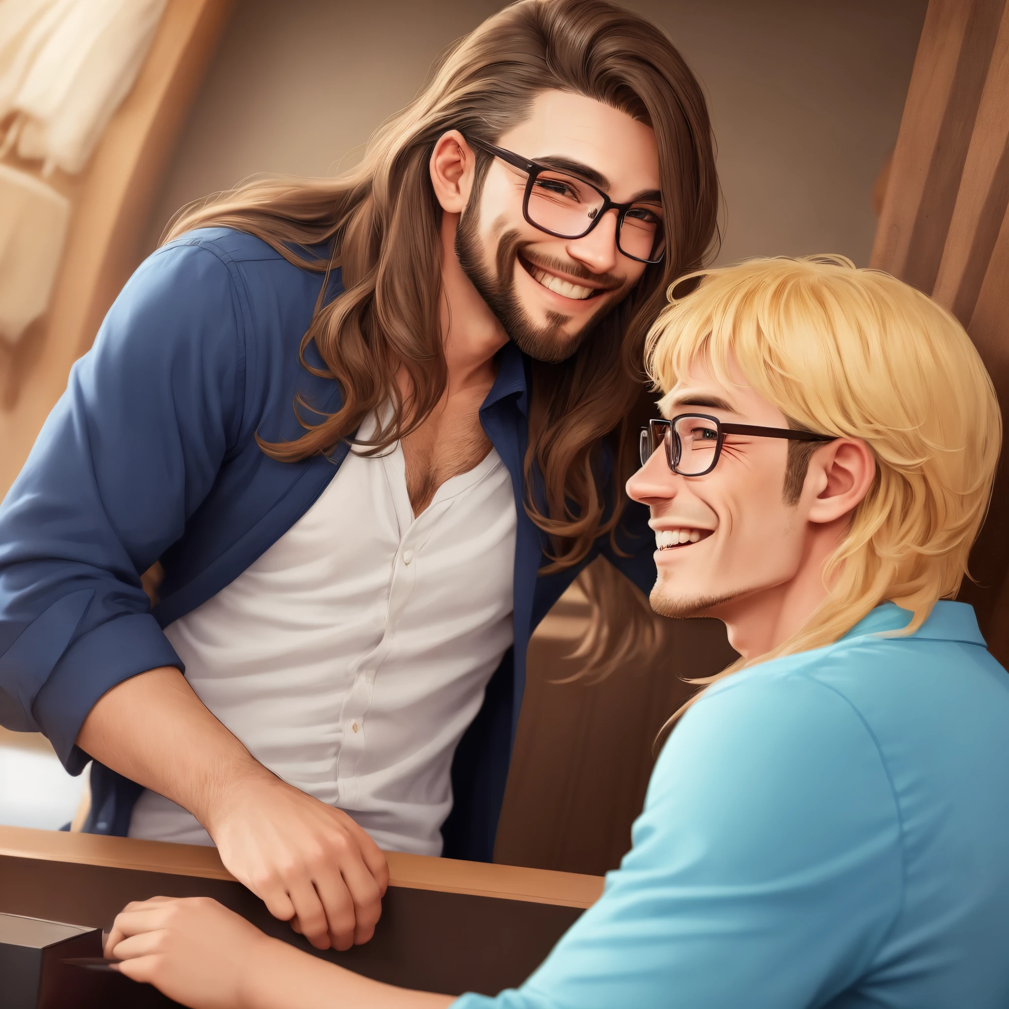 A long haired spainard man with glasses and a gotee, smiling happily with his Caucasian boyfriend who has short blond hair and glasses.