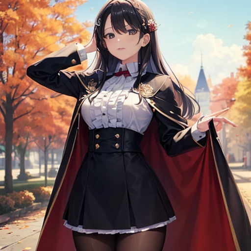 ((masterpiece:1.5)),((Finest quality)),(Ultra-high precision),8k picture, Top quality anime, Highest level of resolution, sharpnes, cape coat, One piece with frills, black tights, cheerful, sunshine, autumn, outdoor, long hair, hair ornament,