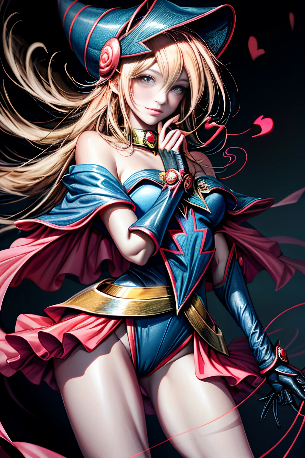 (tmasterpiece, Mejor calidad; 1.3), CG extremadamente detallado, Ultra - detallado, 1 chica Mago negro chica, solamente, smil, Mirando a Viewert, Cachorros elegantes, cabellos largos dorados, eOjos azules,
SV1, Uniforme de chica maga oscura, guantes en el codo, Casco, Los marineros lideran a Rubio, Cintas rojas, collar naranja, Guantes blancos, jewely, de lo anterior,
multiple hearts, Enfoque de cara, Venus, Tornado, Fondos abstractos, heart storm, Hart's Lightning, heart bubbles, heart balls, Estrella de Halt, heart flower, heart light, The world of the heart, heartbackground, Antecedentes de la galaxia, Heart weapons, The halo of the heart, Magia. Black magician girl is hot