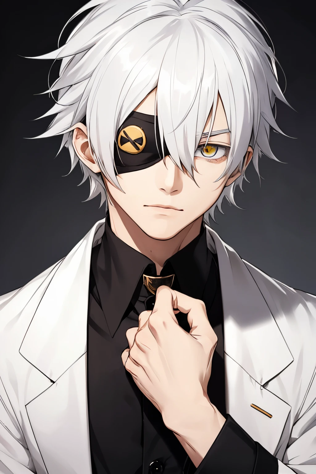 white haired boy wearing eye patch with eyes yellow