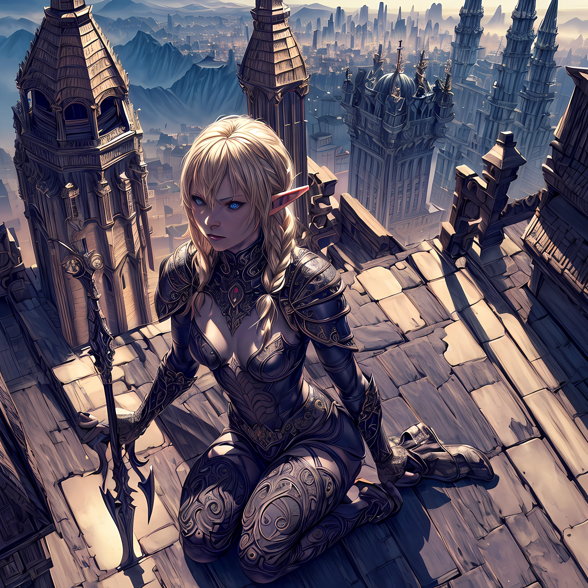 arafed, high details, best quality, 8k, [ultra detailed], masterpiece, best quality, (extremely detailed), dynamic angle, ultra wide shot, RAW, photorealistic, fantasy art, dnd art, rpg art, realistic art, a picture of an epic fantasy thief , kneeling on roof top(1.5 intricate details, Masterpiece, best quality) on top of a roof in urban fantasy city, ready for action, plenty of buildings, a temple (1.5 intricate details, Masterpiece, best quality), elf woaman, epic fantasy thief, [[anatomically correct]], blond hair, braided hair, fair skin, intense bright eyes, armed with dagger, dynamic position (1.5 intricate details, Masterpiece, best quality), small pointed ears, dark armor, full leather armor (1.4 intricate details, Masterpiece, best details), tense atmosphere, night, stars light, moon light, moon rays, stars, best details, best quality, highres, ultra wide angle, dungeons and dragons