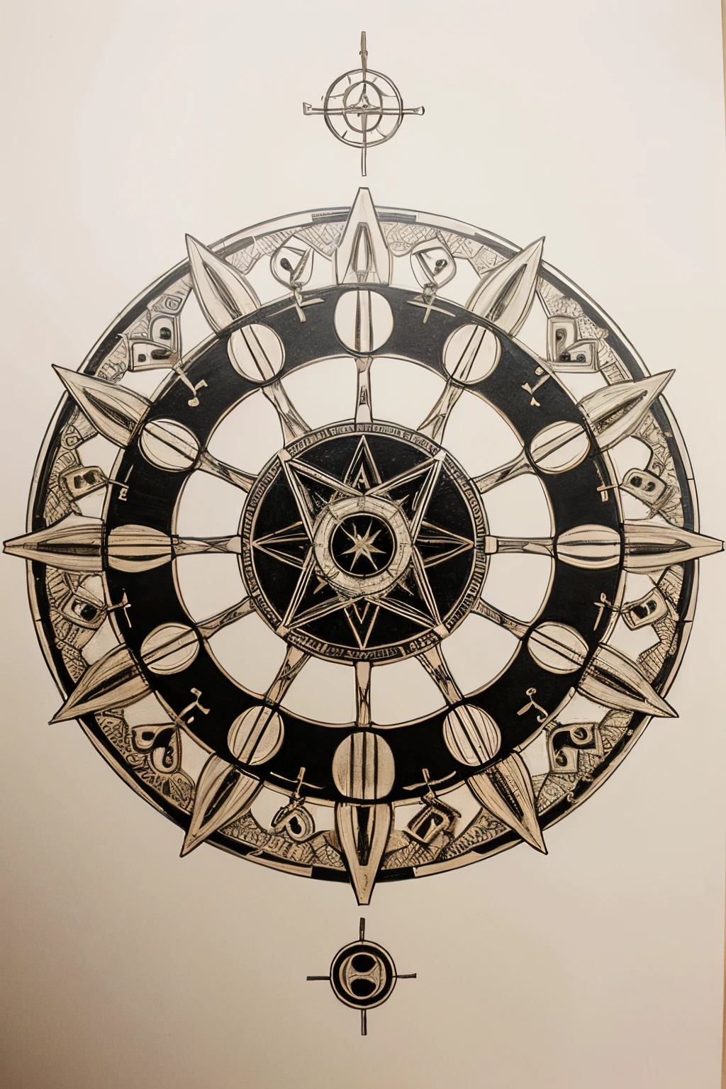 using symbols, runas, geometric shapes and characters from all cultures create a third level magic circle drawn on paper