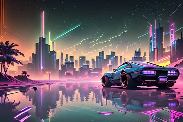 (nvinkpunk:1.2) (SNTHWVE style:0.8) electric blue retro Corvette, lightwave, neo cyberpunk aesthetic, retro futuristic, neon Sunset, highly Intricate, immaculate details, cgsociety, hdr studio lighting, ground reflections, bladerunner cinematic composition and VFX, neon haze, megastructures in background, dystopian wonderland, sci-fi fantasy art, CGI, trending on artstation, retro synthwave-outrun, vibrant and energetic, ominous and colourful, 80’s analog aesthetic