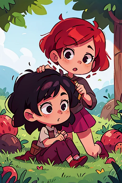 redhead witch girl next to a short black hair witch woman, en un campo recolectando fresas