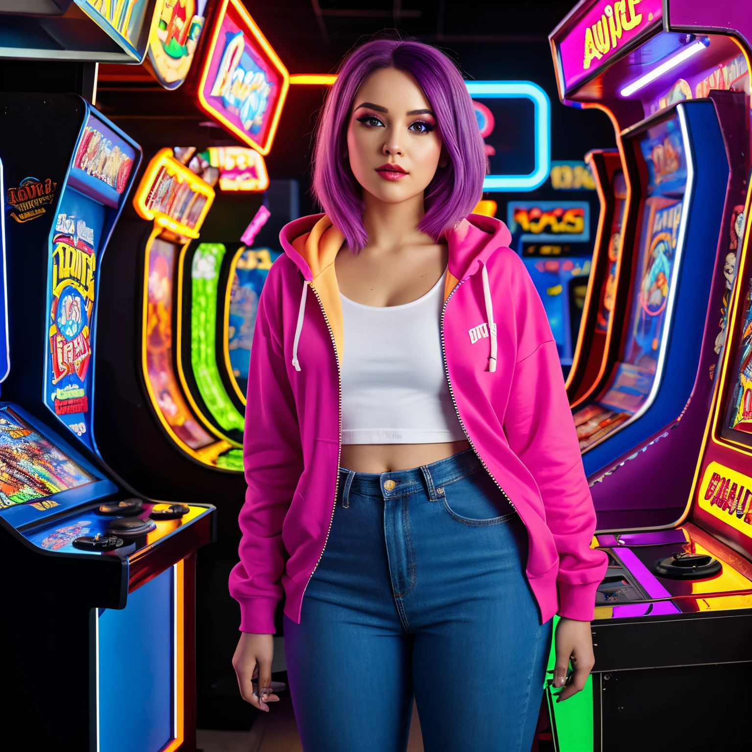 (Best quality,4K,8K,A high resolution,Masterpiece:1.2),Ultra-detailed,(Realistic,Photorealistic,photo-realistic:1.37),bright vibrant colors,1 Punk girl,Vibrant colors,80shair style,curvy woman Caucasian playing arcade close to viewers, game in shopping mall, purple hair, blue green eyes,wearing a baggy red hoodie and jeans,Play video games seriously,Arcade games,Power Dance Troupe,Vintage vibes,Neon lights, woman close to viewer