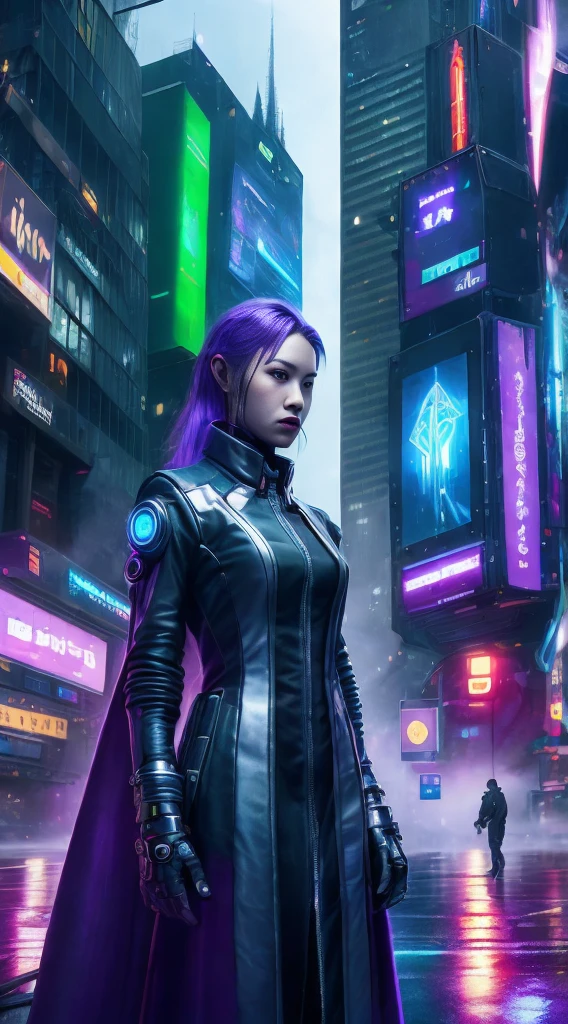 (best quality,4k,8k,highres,masterpiece:1.2),ultra-detailed,(realistic,photorealistic,photo-realistic:1.37),cyberpunk style,beautiful detailed eyes,beautiful detailed lips,extremely detailed face,long eyelashes,glowing neon lights,high-tech gadgets,cityscape with towering skyscrapers,futuristic fashion,chrome accents,reflective surfaces,sleek and shiny materials,dark and moody atmosphere,lush purple and blue color palette,dystopian setting,heavy rain and mist,gritty and urban environment,implanted technology,hovering drones,electric sparks and energy discharges,cybernetic enhancements,imposing and confident posture of the woman,impressive holographic displays,hacker symbols and codes,advanced transportation vehicles,electronic music filling the air,street vendors selling futuristic food,confident and mysterious expression.