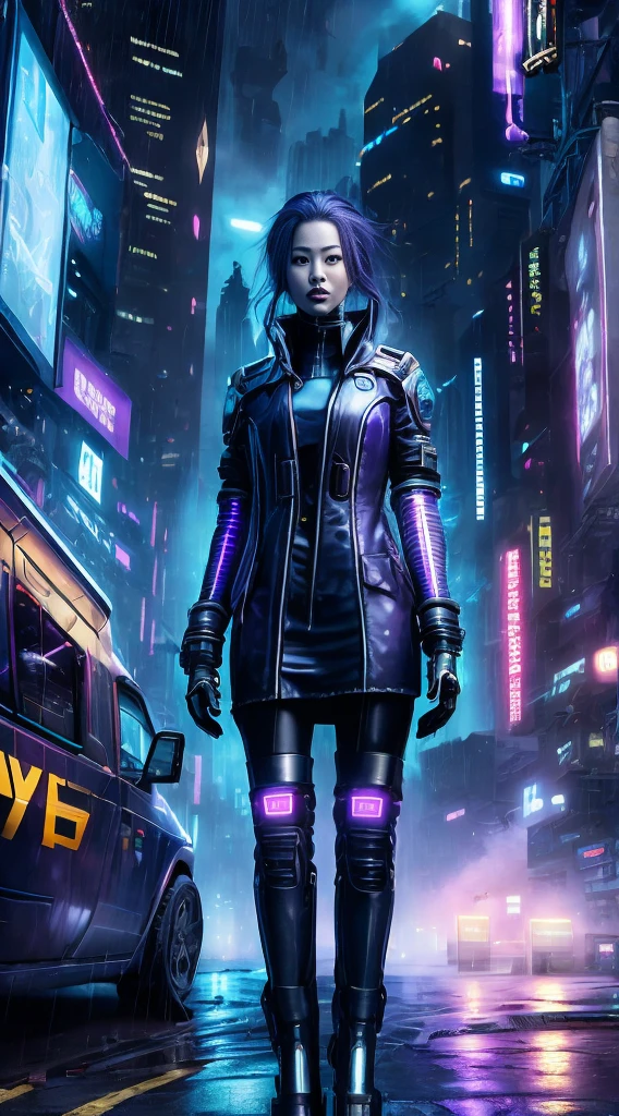 (best quality,4k,8k,highres,masterpiece:1.2),ultra-detailed,(realistic,photorealistic,photo-realistic:1.37),cyberpunk style,beautiful detailed eyes,beautiful detailed lips,extremely detailed face,long eyelashes,glowing neon lights,high-tech gadgets,cityscape with towering skyscrapers,futuristic fashion,chrome accents,reflective surfaces,sleek and shiny materials,dark and moody atmosphere,lush purple and blue color palette,dystopian setting,heavy rain and mist,gritty and urban environment,implanted technology,hovering drones,electric sparks and energy discharges,cybernetic enhancements,imposing and confident posture of the woman,impressive holographic displays,hacker symbols and codes,advanced transportation vehicles,electronic music filling the air,street vendors selling futuristic food,confident and mysterious expression.