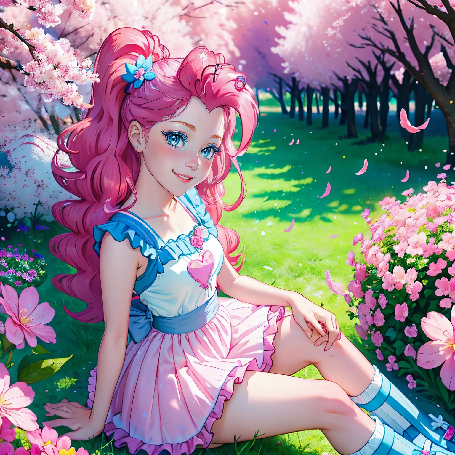 My little pony pinkie pie, pinkie pie, pinkie pie in the form of a girl, long dark pink hair, blue eyes, long pink and blue frilly dress, white frilly thigh high, small pink heels, blue sky, pink clouds, ((sitting in a pink and blue flower field)), staring at viewers, (light pink skin 1.5), soft blush, happy smile, soft smile, holding flowers, blue balloons flying everywhere, ((sunrise 1.0)), highly detailed lighting, yellow light, in a beautiful flower field, pink and blue flowers everywhere, blue eyeshadow (( BLUE EYES 2.0 )), flowers everywhere, SITTING UNDER A TREE HOLDING FLOWERS, pink skin, bubbles and ballon all around, cherry blossoms trees everywhere, in a cherry blossom forest