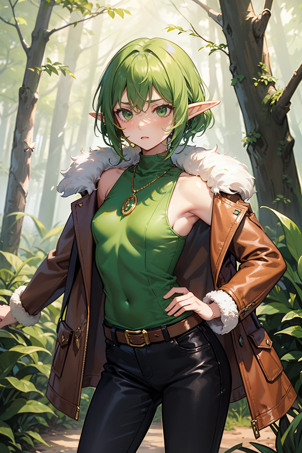 Adult elf woman with green sidecut hair and green eyes, ((flat small breast)), wears a shirt and a brown long leatherjacket with fur, wears golden necklace with green pendant, black pants, forest in background, strong face expression, arms angled before, insects flys around