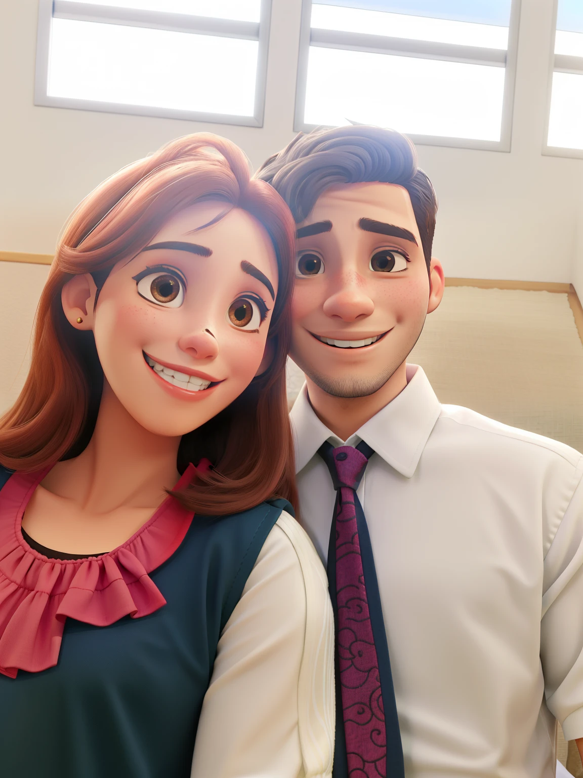Casal de namorados com roupa social. Ambos sorrindo.