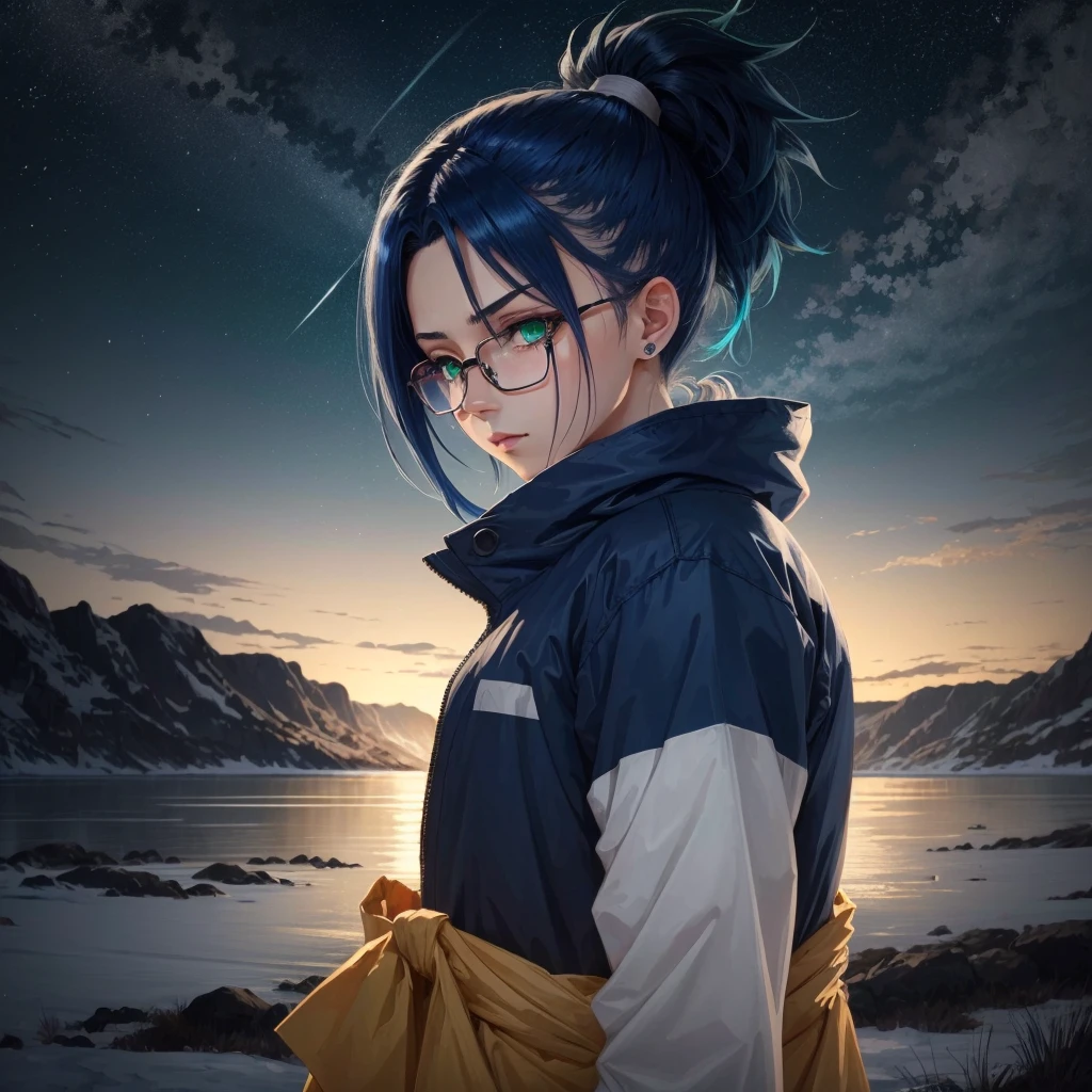 Dark Midnight blue hair in ponytail, Green eyes, Glasses, Naruto style, anime style, solitary, snowflakes, night time