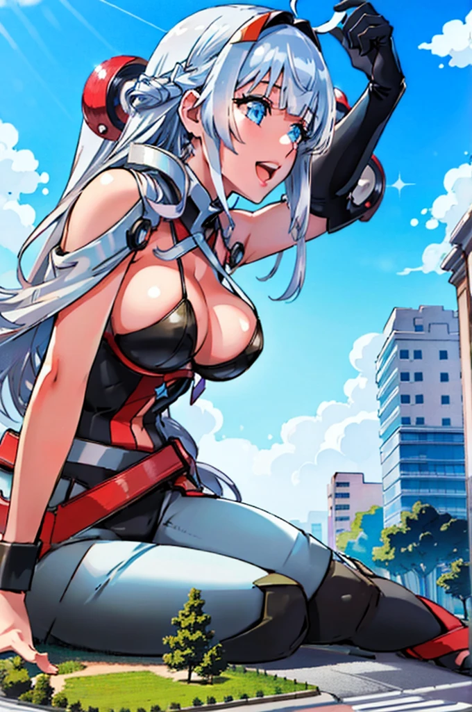 (realistic photo:1.9), (masterpiece:0.0), (best quality:1.3), Ultra Detailed, sharp focus, full color, (Depth-of-field:1.0), (super fine-illustration:1.0) , (Blue sky, white clouds:1.0), BREAK,
(1 girl), (detailed shaded pretty face), (full body shot:0.0), silver hair, shiny skin, (exposed skin:0.8), (beautiful detailed eyes:1.1), (Sparkling eyes:1.0), slant eyes, (laughter:1.1), BREAK, (mecha musume:1.0), (black and red mecha suit:0.8),
(destruction, Collapsed buildings:0.5), giantess, gts, tall female, Cityscape, rampage, cars, people,