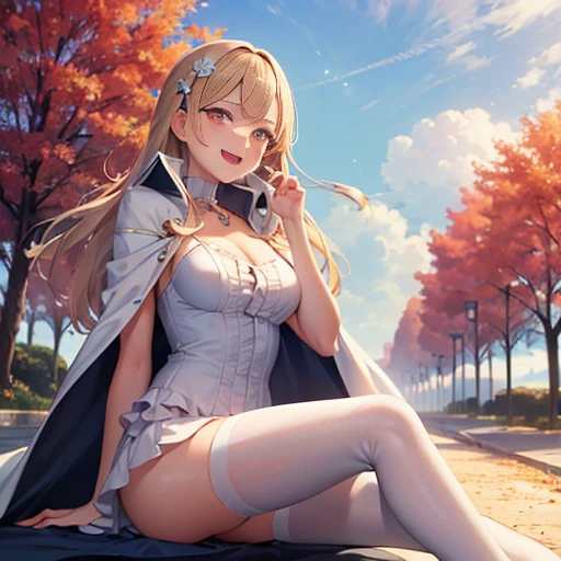 ((masterpiece:1.5)),((Finest quality)),(Ultra-high precision),8k picture, Top quality anime, Highest level of resolution, sharpnes, laughing, white cape coat, One piece with frills, white tights,　cheerful, sunshine, autumn, outdoor, long hair, hair ornament,