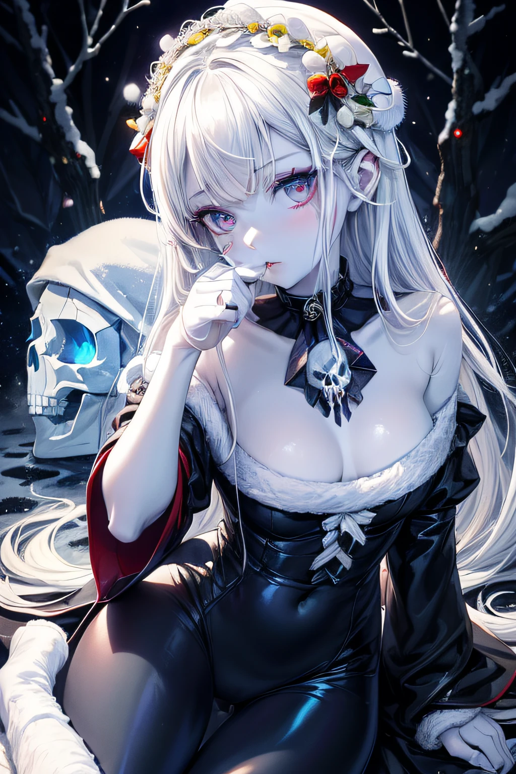 Images of nightmares, Best Quality, masutepiece, 4K post-processing is a very detailed break ((masutepiece)),Necronomicon,Horror, ((christmas image:1.3)), ((Gothic)),(Spooky cemetery background), Destroying Fractals Carl Gustav Jung,mandara:1.3, (Nightmare image of the skull:1.5), Anime coloring:1.4, madeon:1.2, Best Quality, masutepiece, 4K post-processing is very detailed, blazing:1.6, 1girl in:1.2, makeup:1.4,(lip stick:1.4),(Ascara, eye line), Glowing red eyes, eyeshadows(Beautiful cute girl, Beautiful, Cute, Snow-white skin, Shiny skin,18 years old, :1.6), ((Santa Costumes)), (Full body:1.2), (Dark Persona:1.4), very detailed face and eyes, (Glamorous :1.4), (Blue flame effect:1.4), blue amaryllis breaks blonde hair:1.6, multicolored hair, striated hair, Gradient Hair, Colored inner hair, split-colored hair, Wavy Hair, (((Combining beautiful colorful flowers into one))), break the horror scene, pale skin, a dark night, Floating hair, Floating clothes destroy shining eyes:1.6, (Under no gravity, Zentangle), (Blue blood splattering background:1.3) Blake shrouded in shadow, Nocturnal silence, Eerie nightfall, Dark Twinkle, Shrouded in mystery, Pitch black blackness, Shadow Whisper