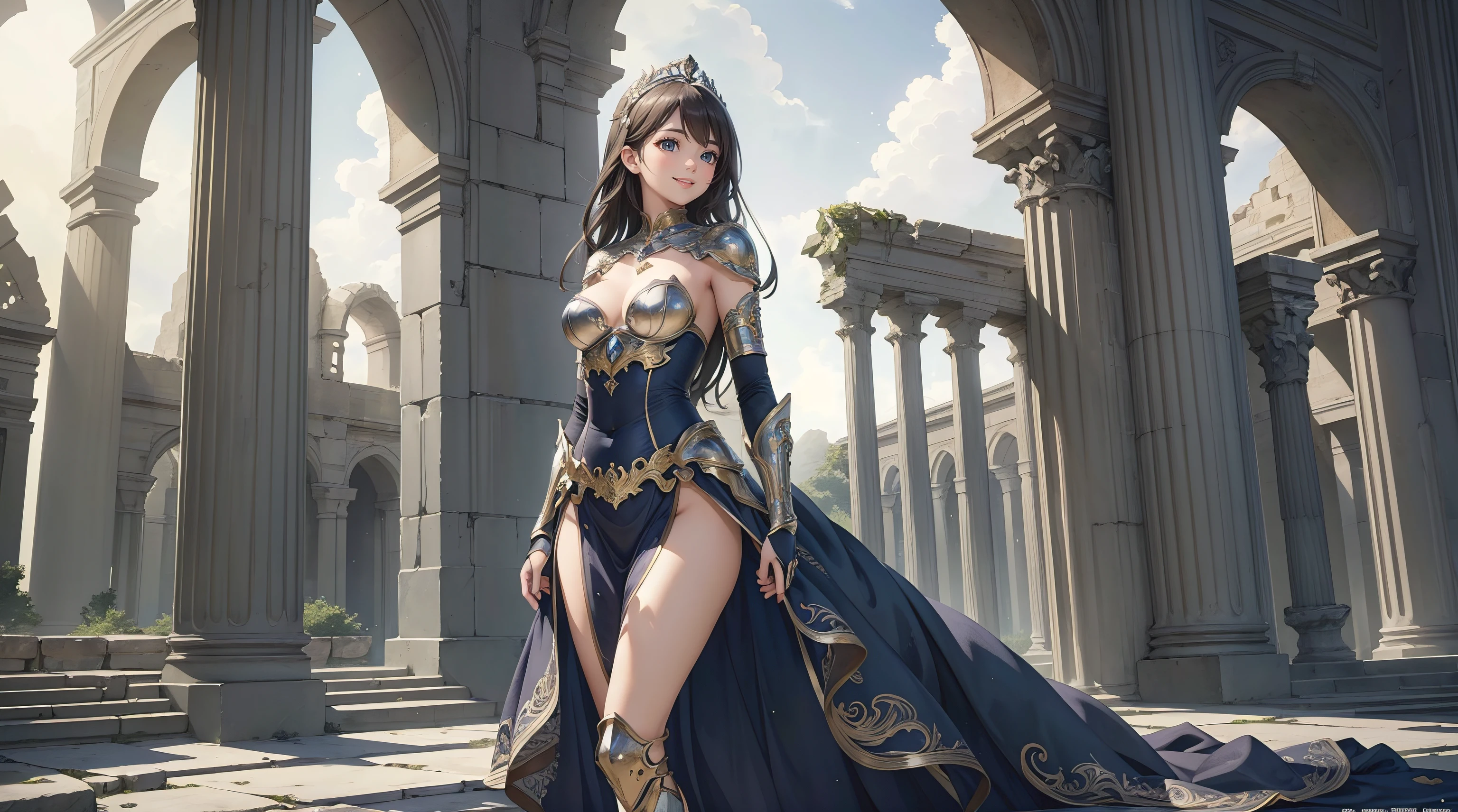 (masterpiece, best quality, ultra-detailed, 8k wallpaper, photorealistic), 1 girl, upper body shot, curvaceous but slender body, metallic filigree lingerie armor, gauntlets, coronet, ruins interior, magical aura, adventuring within the ruins, excellent composition, soft tones, clean lines, perfect illustration, late night, moonlight