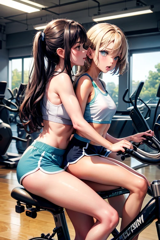 Two girls kiss while riding gym cycles, dolphin shorts,